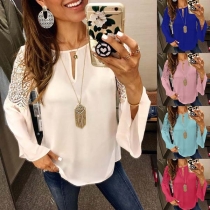 Fashion Lace Spliced Embroidered Long Trumpet Sleeve Chiffon Shirt 