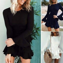 Fashion Solid Color Round-neck Long Sleeve Trumpet Sleeve Lotus Spliced Dress