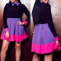Fashion Contrast Color Long Sleeve POLO Collar High Waist Dress