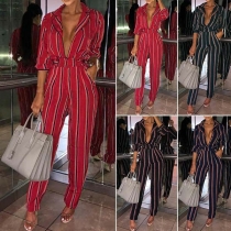 Sexy Deep V-neck Long Sleeve High Waist Striped Jumpsuit