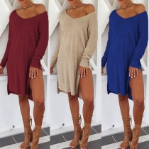 Fashion Round-neck Oblique-shoulder Long Sleeve Solid Color Slit Hem Dress