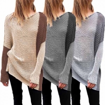 Fashion Contrast Color Long Sleeve Round Neck Loose Sweater