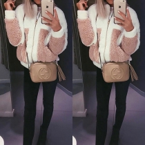 Fashion Contrast Color Long Sleeve Side Pockets Zipper Thick Coat