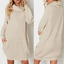 Fashion Solid Color Long Sleeve Turtleneck Loose Sweater Dress