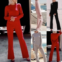 Fashion Solid Color Long Sleeve Round Neck Knit Top + Pants Two-piece Set