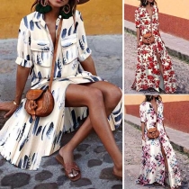Fashion Contrast Color Lapel Collar Short Sleeve Printed Pattern Dress