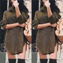 Fashion Solid Color Long Sleeve Turtleneck Slit Hem Knit Dress