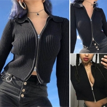 Fashion Solid Color Long Sleeve POLO Collar Short-style Knit Coat