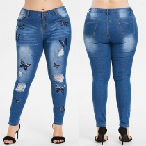 Fashion High Waist Butterfly Printed Ripped Skinny Jeans