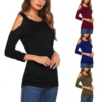 Sexy Off-shoulder Long Sleeve Round Neck Lace Spliced T-shirt 