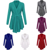 Fashion Solid Color Long Sleeve V-neck Lace-up Top 