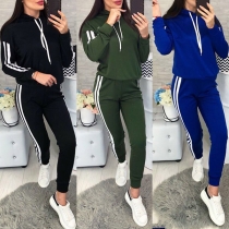 Mode randig skarvad långärmad luvtröja + byxor sportdräkt