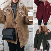 Fashion Notched Lapel Button Front Solid Color Faux Fur Coat