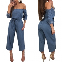 Sexy Elastic Off-the-shoulder Self-tie Long Sleeve Denim Jumpsuit