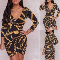 Sexy V-neck Irregular Hem Long Sleeve Floral Print Slim Fit Dress