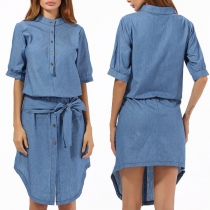Fahion Stand Collar Button Front Irregular Hem Self-Tie Denim Dress