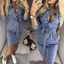 Fashion Slid Color Button Front Self-tie Long Sleeve Denim Dress