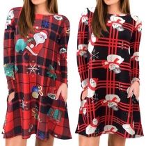 Cute Snowman Printed Long Sleeve Round Neck Dess