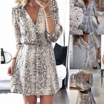 Sexy V-neck Button Front Long Sleeve Snakeskin Print Dress