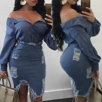 Sexy Off-the-shoulder Button Front Lantern Sleeve Top+High Waist Irregular Hem Distressed Skirt Denim Two Pieces Set