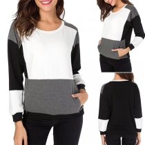 Fashion Contrast Color Round-neck Long Sleeve Side Pockets Sweatshirt