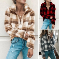 Fashion High Neck Long Sleeve Zipper Plaid Sweatshirt