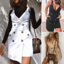 Fashion Solid Color Sleeveless Bandaged Irregular Double-breasted Dress
