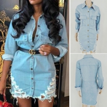 Fashion Standard Collar Button Front Long Sleeve Distressed Denim Dress