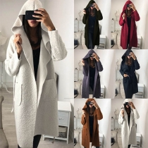 Fashion Solid Color Long Sleeve Hooded Woolen Coat with Waist Strap