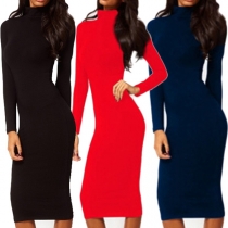 Elegant Solid Color Long Sleeve High Neck Slim Fit Dress