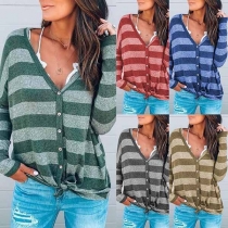 Fashion Long Sleeve V-neck Striped Cardigan 