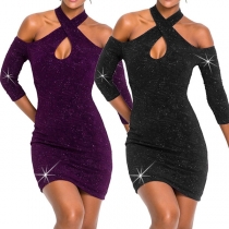 Sexy Off-shoulder 3/4 Sleeve Solid Color Crossover Halter Dress
