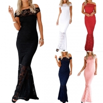 Sexy Lace Spliced Boat Neck Fishtail Hem Slim Fit Party Dress