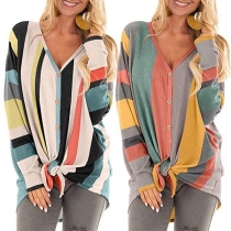 Fashion Long Sleeve V-neck Contrast Color Striped Cardigan 