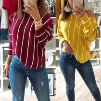 Fashion Long Sleeve Round Neck Striped T-shirt 