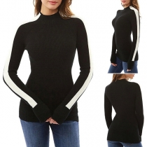 Fashion Contrast Color Long Sleeve Mock Neck Slim Fit Knit Top