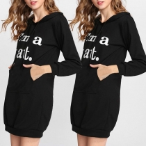 Cute Letters Printed Long Sleeve Cat Ear Shaped Hooded Sweatshirt Dress