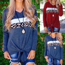 Fashion Leopard Spliced Long Sleeve V-neck Knotted Hem T-shirt 