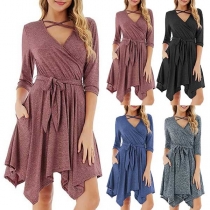 Sexy V-neck 3/4 Sleeve Irregular Hem Solid Color Dress