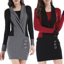 OL Style Long Sleeve Contrast Color Slim Fit Dress