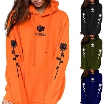 Fashion Rose Printed Long Sleeve Loose Hoodie