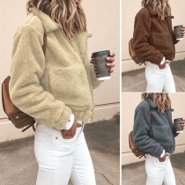 Fashion Solid Color Long Sleeve POLO Collar Plush Coat 