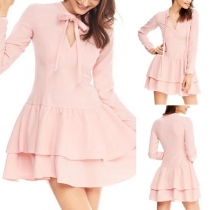 Sweet Style Long Sleeve Ruffle Hem Lace-up V-neck Dress