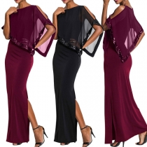 Sexy Off-shoulder Slit Hem Sequin Spliced Solid Color Dress