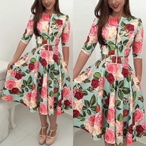 Sweet Style Half Sleeve Round Neck High Waist Printed Dress