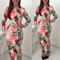Fashion Long Sleeve Round Neck High Waist Slim Fit Printed Dress