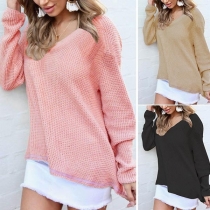 Fashion Solid Color Long Sleeve V-neck High-low Hem Top 