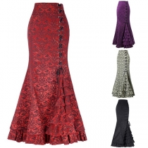 Retro Solid Color Lotus Spliced Bandaged Girdling Maxi Skirt