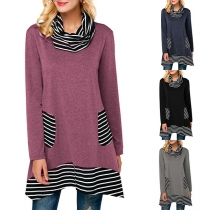 Fashion High Neck Stripe Spliced Irregular Hem Long Sleeve T-shirt