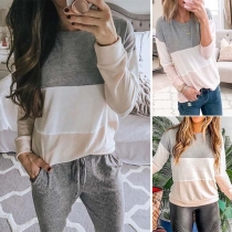 Fashion Contrast Color Round-neck Long Sleeve Fabric Spliced Shirt